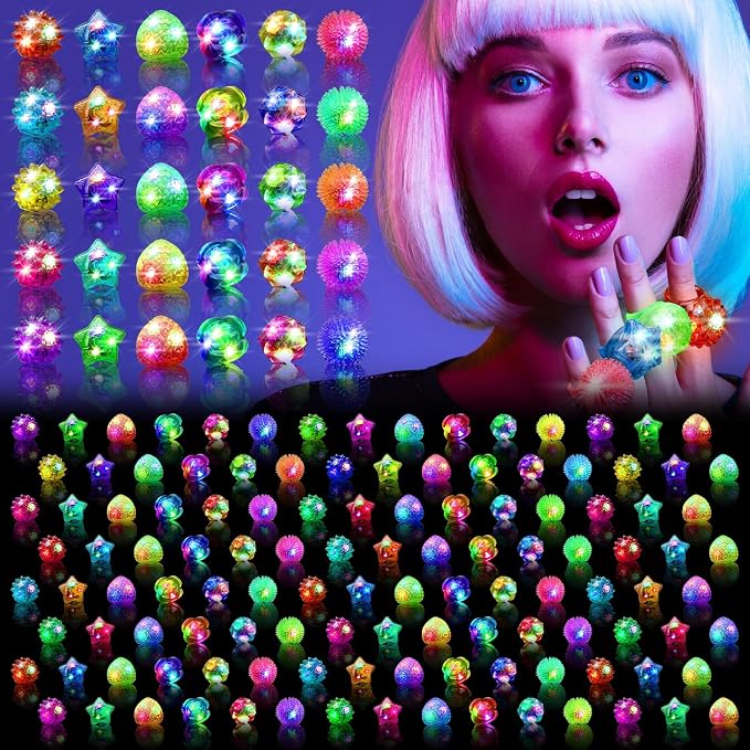 OLUPP 150 Pcs Light Up Rings, Glow In The Dark Party Supplies, 6 Style Flashing Glow In The Dark Rings for Adults & Kids, LED Ring for Birthday Party Favors, Concert, Raves, Halloween, Christmas by OLUPPGlowinTheDarkPartySupplies