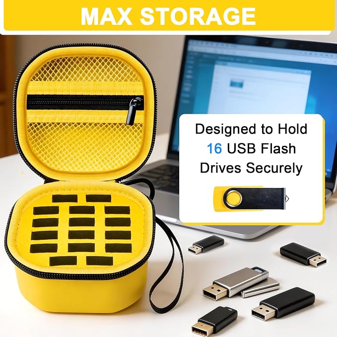 Comecase USB Flash Drive Case, Holds 16 USB Drives with Mesh Pocket | Hard Shell and Pre-Cut Foam Cushion Drives from Drops; Hand Strap Ease Work and Travel, Yellow, Medium, Case Only - Image 2