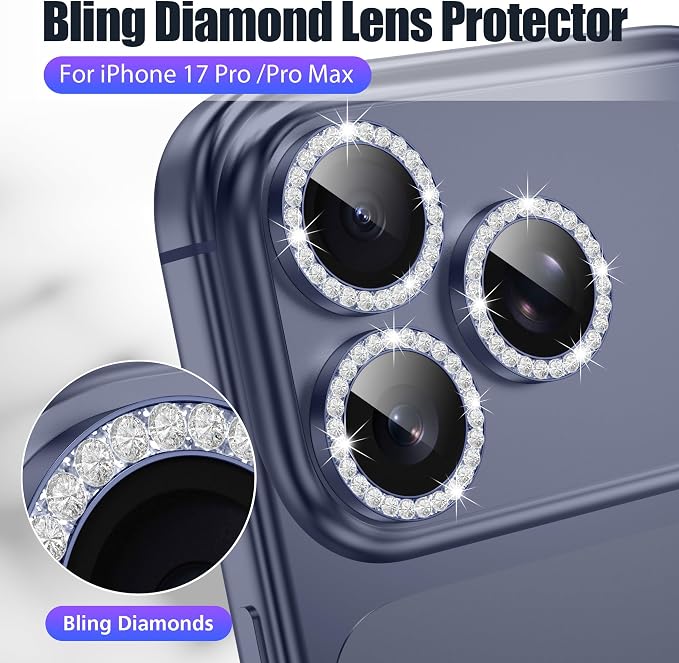 AGVEE 3+3 6 Pack for iPhone 17 Pro & Max Camera Lens Protector Cover | Individual Bling Diamond & Bling Glitter Sparkle Cute Gem Metal Ring, 9H Tempered HD Glass - Image 4