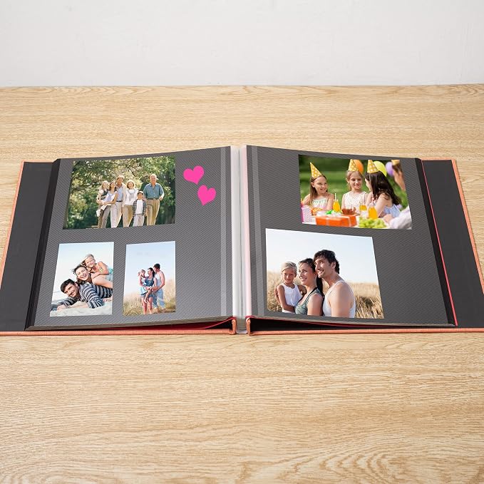 Photo Album Self Adhesive Scrapbook 3x5 4x6 5x7 6x8 Magnetic Album DIY Scrap Book 11x10.6 Inch 40 Black Sticky Pages Linen Cover DIY Photo Album(Orange) - Image 3