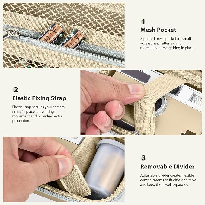 Film Camera Case for Kodak EKTAR H35 H35N Half Frame Film Camera | Camera and 35mm Film Rolls Storage, Mesh Pocket for Small Accessories, Travel and Home Organization; Slim, Beige, Case Only - Image 3