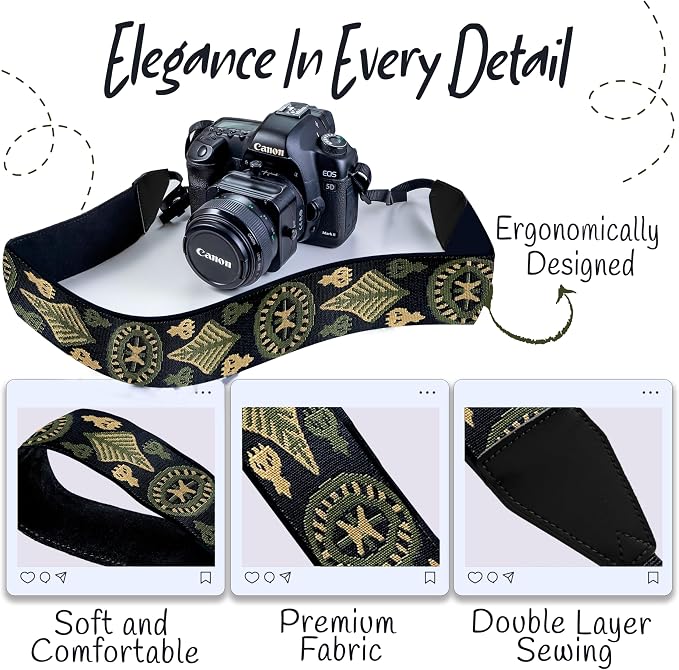 Art Tribute Camera Strap - Shoulder, Crossbody & Neck Camera Strap for Photographers, Fits All Cameras, Canon Nikon Sony Fujifilm, Padded Strap W/Quick Release, Embroidered Cotton & Leather Ends - Image 4