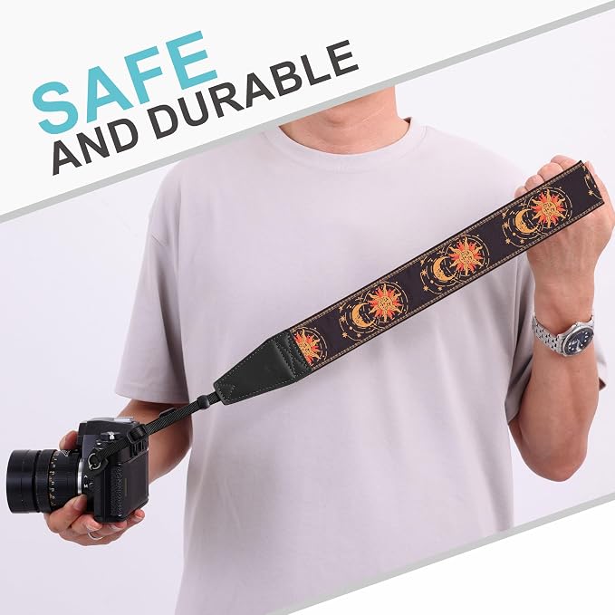 Padwa Lifestyle Helios Moon God Camera Strap -2" Full Grain Leather Ends Camera Straps for Photographers, Vintage Embroidered Cotton Weave Soft Suede Fabric Padded Strap Quick Release fits All Cameras - Image 7