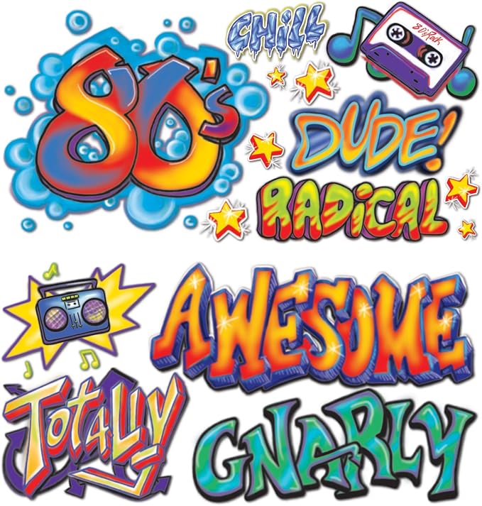 Beistle 80's Grafitti Props, 15 Pieces, 3"-3' 7" - Printed Plastic 1980's Themed Party Decor, Decade Backdrop Cut Outs by Beistle
