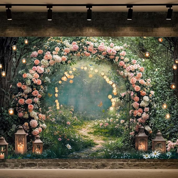 20x10ft Enchanted Forest Wedding Photography Backdrop Wonderland Roses Fairy Tale Backdrop Pink Flower Birthday Newborn Baby Shower Wedding Bridal Party Banner Photo Booth Props Anniversary Background - Image 2