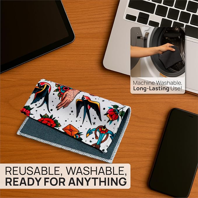 Microfiber Wholesale Quick Cloth Glasses Cleaning Cloths 8x8 Tattoo 1-Pack | with Case | Double-Sided Lens Cleaner for Eyeglasses, Camera, Screens & Glass | Reusable Microfiber Glass Polishing Cloths - Image 4