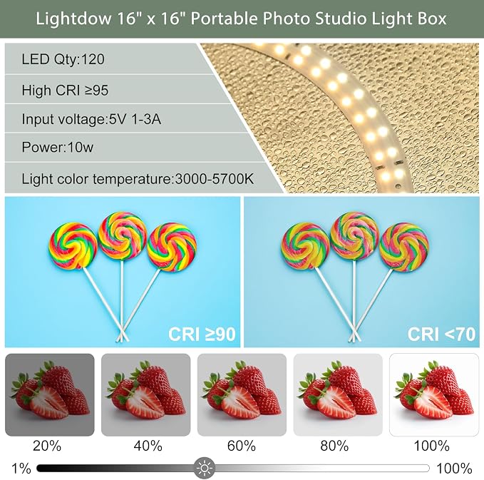 Lightdow 16"x16"x12" Photo Studio Light Box Photography with 120 LEDs (CRI>95), 6 Backdrops - Portable/Dimmable/Versatile Folding Shooting Tents for Toys/Jewelry/Watches/Cosmetics Photography - Image 4