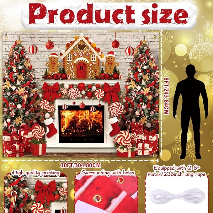 Peryiter Christmas Backdrop for Photography Xmas Tree Stocking Candy Gift Polyester Background Decoration Party Backdrop for Home Decoration Photo Studio Props(10x8 ft,Gingerbread House) - Image 2