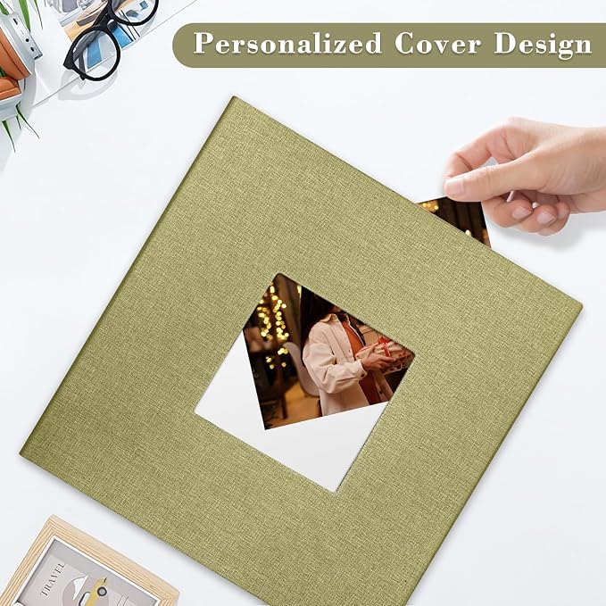 Large Photo Album Self Adhesive with Picture Display Window, DIY Scrapbook Album for 4x6 8x10 Pictures, 40 Pages Light Matcha Linen Cover Memory Book with Scraper and Metallic Pen - Image 2