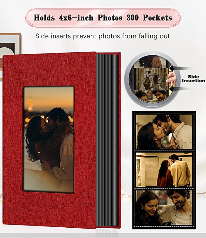 Ejblfe Photo Album 4x6,Linen Cover Slide-in Photo Album Book Can Holds 300 4x6 Photos with 50 Black Sheets for Family,Wedding,Baby and Holiday Pictures (Red) - Image 3