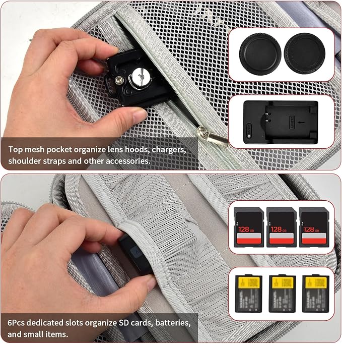 casmilee Mirrorless Camera Case for Sony a6400/a6700/a6100/a6000 | Adjustable Dividers, Padded Multi-Layer Protection, Pockets for Lens and Accessories, Shoulder Strap, Case Only, Gray - Image 5