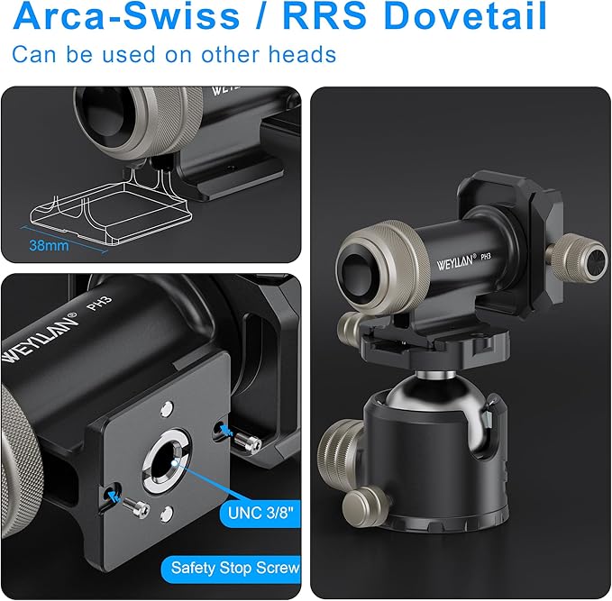 WEYLLAN PH3 MonoGimbal Head for Tripod Monopod, CNC All Metal Side Saddle Gimbal Tilt Head with Arca Swiss Quick Release Plate, Compatible with Camera, Telephoto Lenses, Max Load 22lbs/10kg - Image 3