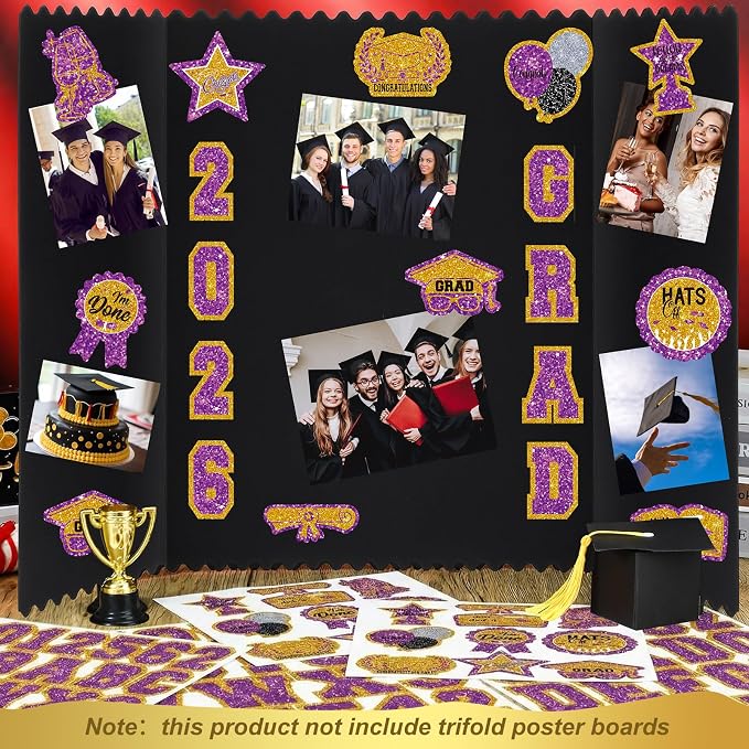 Glenmal 14 Sheets Graduation Photo Display Board Sticker Class of 2026 Purple Gold Picture Display Stickers Accessories for 2026 Grad Party College Board Photo Frame Decor (12x10inch, 8.3x8.3inch) - Image 4