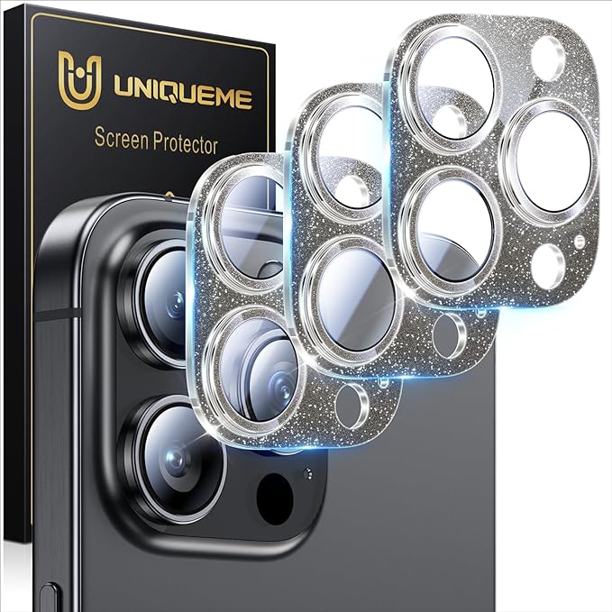 UniqueMe for 3 Pack iPhone 16 Pro/16 Pro Max Camera Lens Protector - Black | Drop Protection, Case Friendly, 9H Tempered Glass, Camera Cover Screen, Update New Version by UniqueMe
