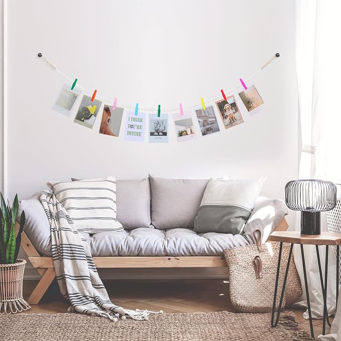 KLOGTSIND Hanging Photo Display, 3PCS Boho Wood Bead Garland Wall Decor | Photo Banner with 9 Wooden Clips for Bedroom, Living Room, Office, Dorm Decor, Pictures Postcards Holder Teen Girl Gifts - Image 6