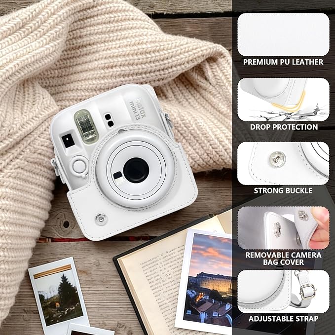 CAIYOULE Camera Case for Fujifilm Instax Mini 13 Instant Camera, White | Mini 13 Protective Camera Case, PU Leather Camera Bag for Fuji Instax Mini 13, with Photo Album, Adjustable Shoulder Strap - Image 2
