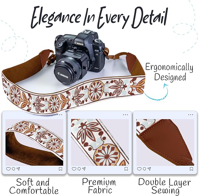 Camera Strap - Shoulder, Crossbody & Neck Camera Strap for Photographers, Fits All Cameras, Canon Nikon Sony Fujifilm, Padded Strap W/ Quick Release, Embroidered Cotton & Leather Ends, White - Image 3