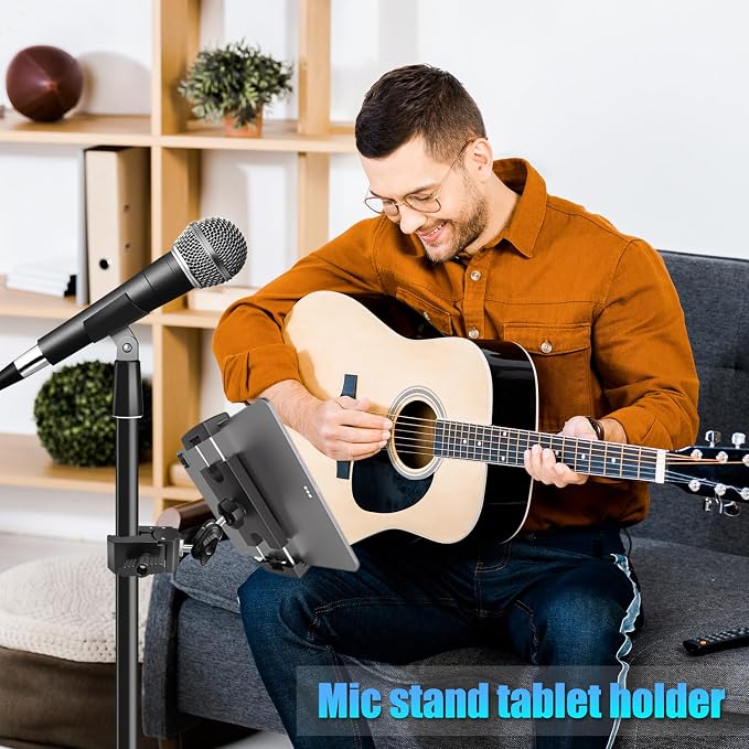 Mic Stand Tablet Holder, 360° Swivel iPad Mic Stand Holder Phone iPad Holder for Mic Stand/ Treadmill/ Spin Bike/ Peloton Exercise Bike Handlebar Mount, Fits 4-12.9" iPad, iPhone, Android Smartphones - Image 2