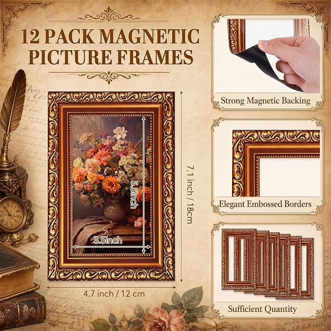 Capoda 12 Pcs 4x6 Magnetic Picture Frames Gold Vintage Picture Frames for Refrigerator Vintage Gallery Tabletop Display Gold Photo Decor for Home Wedding Living Room Decor Supplies - Image 3