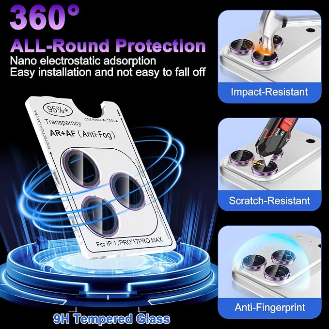 Meshine for iPhone 17 Pro/17 Pro Max Camera Lens Protector,Scratch Proof,Strong Adsorption,9H Hardness with Metal Ring Camera Cover,Ultra Thin Case Friendly, Accessories Lens Protector,Deep Purple - Image 3