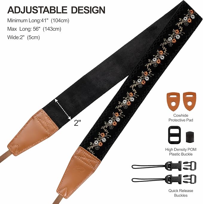 Padwa Lifestyle Camera Strap - 2" Full Grain Leather Ends Camera Straps for Photographers, Vintage Embroidered Cotton Weave Soft Suede Fabric Padded Strap Quick Release fits All Cameras - Image 6