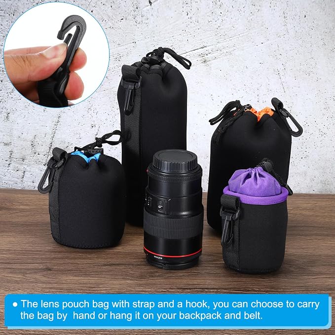 PATIKIL Camera Lens Bag, 2 Pcs 3" ID x 3.9" H Cylindrical Drawstring Lens Pouch with Thick Protective Neoprene, Lens Case for DSLR Camera Lens, Water Coffee Cups Black, Purple - Image 5
