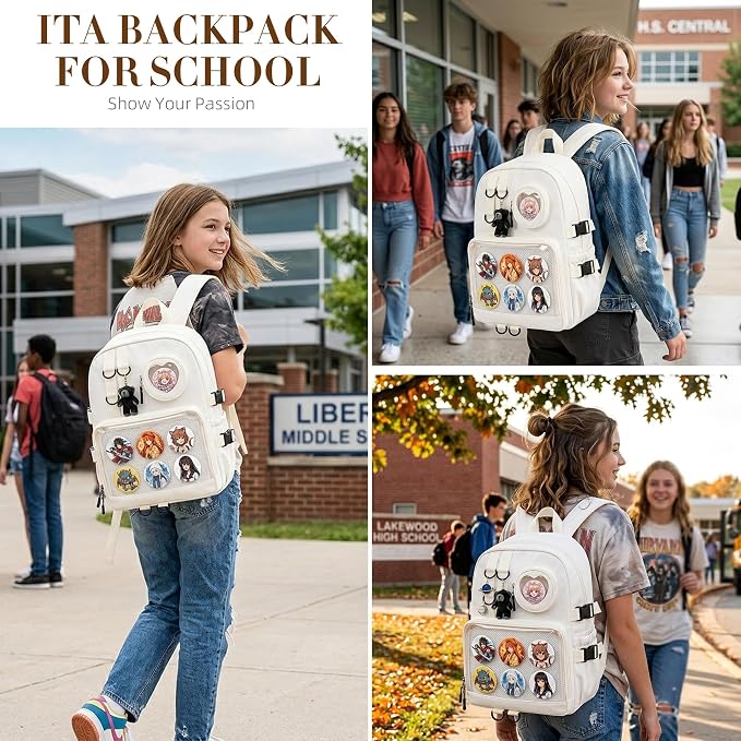 Ita Bag Backpack with Insert - Kawaii Pin Display Clear Window Bookbag, Y2K Aesthetic Laptop Backpack for Anime Cosplay School, Fits 15.6" Laptop, White - Image 7
