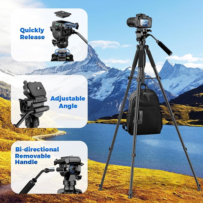 VICTIV 75” Camera Tripod, Tripod for Video Camera with Carry Bag, Black | Heavy Duty Tripod for Camera and Phone with Phone Holder and Remote, Compatible with DSLR, Spotting Scopes, Camcorder, GoPro - Image 6