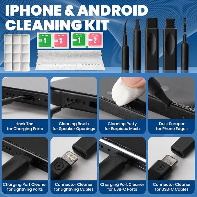 Upgrade Phone Cleaning Kit (57PCS), iPhone Cleaning Kit, Cleaning Kit for AirPods, Keyboard Cleaning Kit, Charging Port Cleaner for Apple Lightning/Android USB-C (Black, with 10 Mini Brush) - Image 3