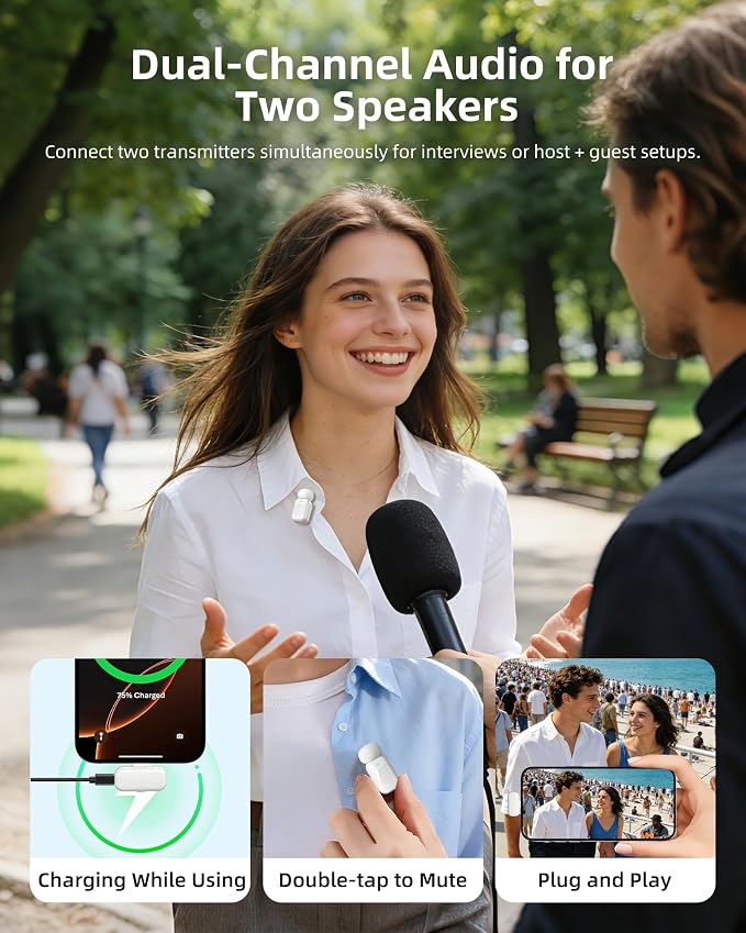 mini 2 Wireless Lavalier Microphones for iPhone 16/17 & Android, AI Noise Cancellation, App Control, 30H Battery with Charging Case, Lapel Microphone Wireless for Video Recording White - Image 9