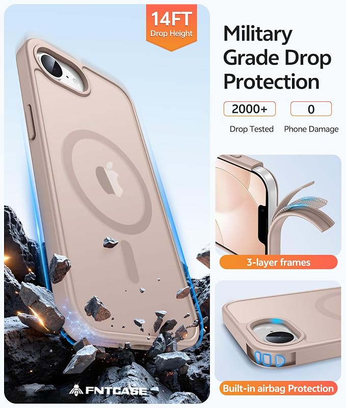 FNTCASE for iPhone 17e/ iPhone 16e Case, Fit for Magsafe, Screen Protector | Translucent Matte Magnetic Back, 14FT Military Grade Drop Protection, Shockproof Protective Phone Cover, Desert Gold - Image 5