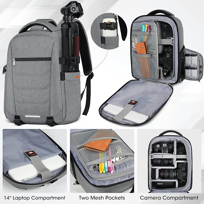 SDYSM Camera Bag Backpack Professional for DSLR SLR Mirrorless Camera | 14 Inch Waterproof Camera Laptop Backpack with Rain Cover Anti Theft Travel Case Large Capacity Photography Backpack, Grey - Image 2