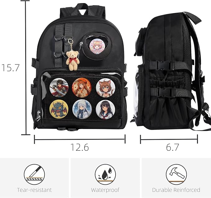Ita Bag Backpack with Insert - Kawaii Pin Display Clear Window Bookbag, Y2K Aesthetic Laptop Backpack for Anime Cosplay School, Fits 15.6" Laptop, Black - Image 2