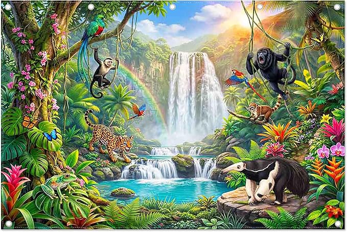 Fabric 12x8ft Rainforest Wild Animals Backdrop Jungle Safari Banner | Summer Tropical Scenery Waterfall Photography Background, School Event Party Decorations, Classroom Photo Props, Polyester by ZTHMOEBACKDROP