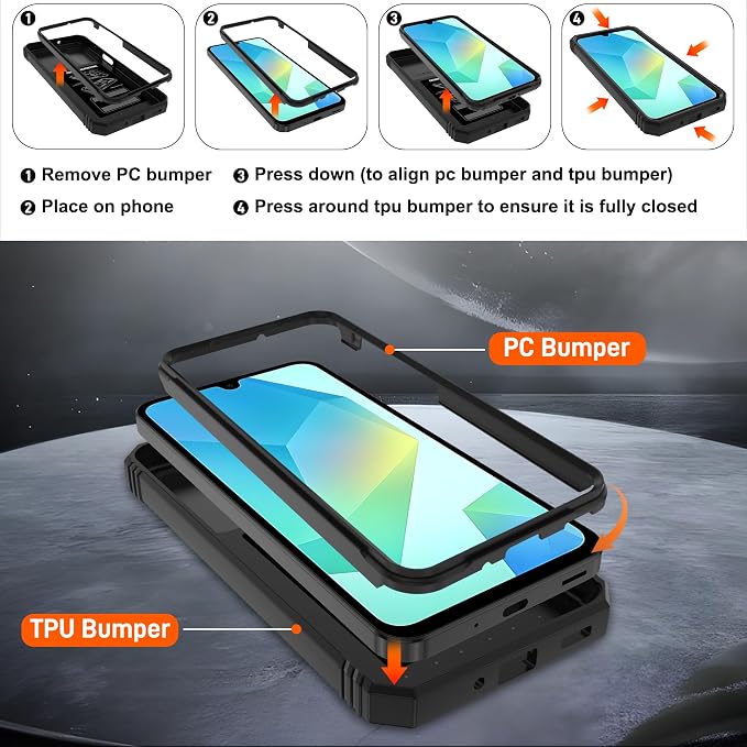 for Samsung Galaxy A06 Phone Case with 2PCS Screen Protector, Build in 360° Rotating Ring Kickstand, Military Grade Protective Case for Samsung A06 Phone, Black - Image 3