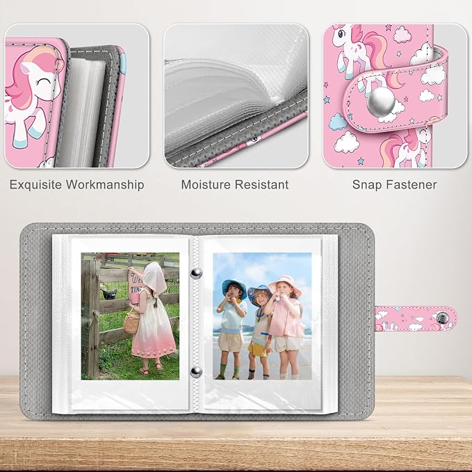 Fintie Mini Photos Album Book for 2x3 Inch Films - 52 Pockets Small Albums | For Fujifilm Instax Mini, Polaroid Hi-Print Pictures, Portable Kpop Photocard Holder, Travel Memory Book, Pink Horses - Image 4