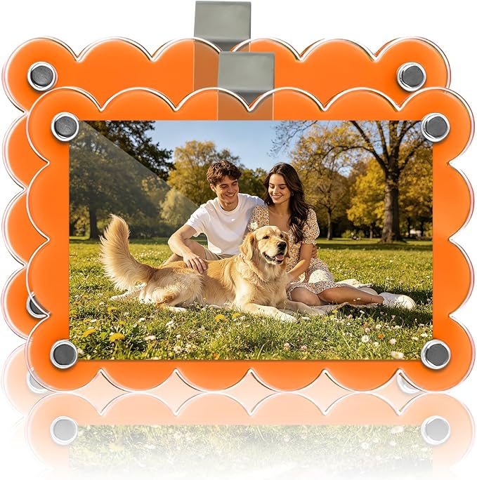 2Pcs Magnetic Car Visor Photo Holder, Scalloped Orange, 2.4 x 3.5 in | Clear Acrylic Car Picture Frame, Personalized Picture Frame Clip for Sun Visor, For Family, Pets, Travel Photos by Nirvany-MakeACoolLifeForU