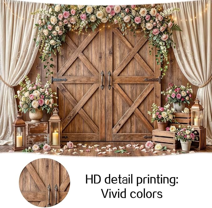9x6ft Wedding Backdrop Rustic Floral Flower Wooden Wall Backdrop Bridal Baby Shower Ceremony Photography Background Shabby Chic Countryside Western Anniversary Wedding Party Birthday Photo Prop - Image 8