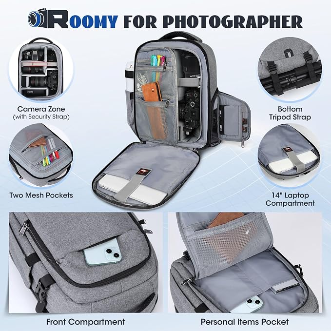 Camera Backpack Camera Bag for Photographers DSLR SLR Mirrorless Camera Cases with Waterproof Rain Cover & Laptop Compartment Fits 14 Inch Laptop,Anti Theft Travel photography backpack,Grey - Image 2
