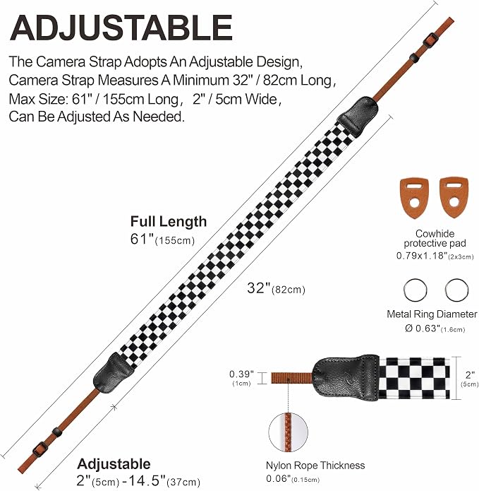Padwa Lifestyle Black and White Plaid Camera Strap - 2" Wide Double Layer Cowhide Head,Cotton Camera Shoulder Straps,Grid Pattern Adjustable Camera Neck Strap for all Cameras,Gift for Photographers - Image 5