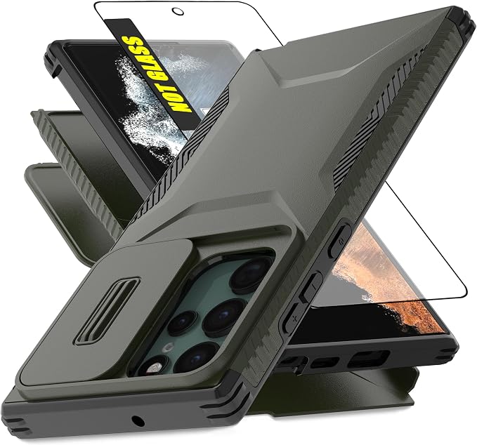 for Galaxy S22 Ultra Case with 1 HD Screen Protector & Slide Camera Cover [Military-Grade] Phone Case Heavy Duty Rugged Shockproof Protective Cover for Samsung Galaxy S22 Ultra(Pine Green) by AWZHYDT