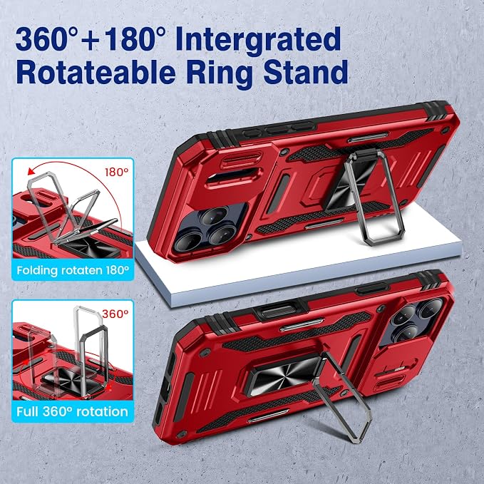 VEGO for iPhone 17 Pro Max Case with Slide Camera Cover and Kickstand Red | Privacy Tempered Glass Screen Protector & Ring Kickstand Military Grade Protection Cover for iPhone 17 ProMax - Red - Image 4