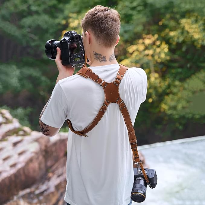 Padwa Lifestyle Tan Dual Camera Harness Strap with Padded for Two Cameras - Dual Shoulder Full Grain Leather Harness,Multi Camera Gear for DSLR/SLR Strap,Double Camera Harness for Photographers - Image 5