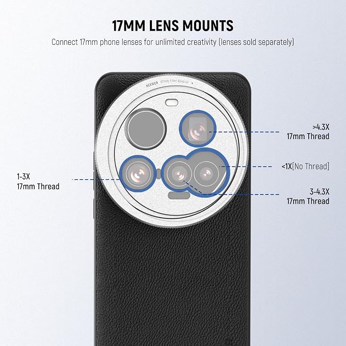 NEEWER 15 Ultra Case, Protective Phone Case Compatible with Xiaomi 15 Ultra, Heavy Duty TPU + PC Faux Leather with 17mm Lens Mounts & 67mm Filter Adapter for Wireless Charging, PA101 Black + Silver - Image 3