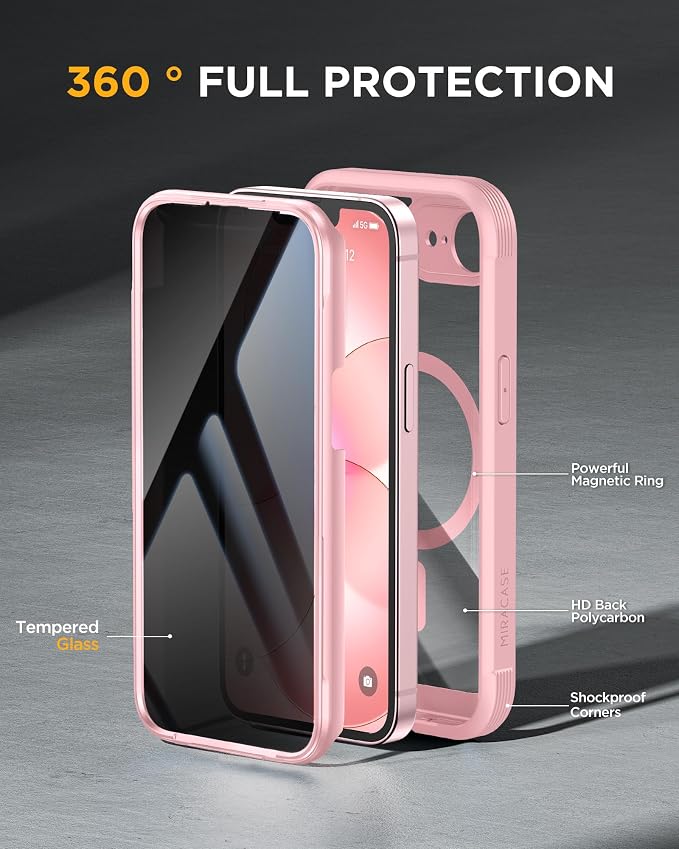 miracase for iPhone 17e & 16e Case with Built-in Private Screen Protector, [Magnetic with MagSafe] Full-Body Phone Cover Military Drop Proof 17 E/ 16 E Bumper 6.1 inch, Pink - Image 3