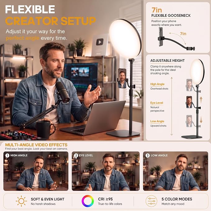 10" Full-Panel Desk Ring Light with Stand & Flexible Phone Holder, 24W 1100LM Light for Video Recording, 5 Color Modes up to 6500K, CRI 95+ for Computer, Podcast, Streaming, Zoom & Video Calls - Image 6