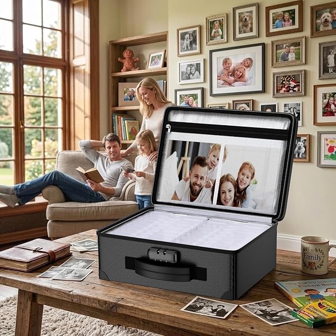 ENGPOW Fireproof 5200°F Photo Storage Box with 16 Inner 4" x 6" Photo Case(Clear), Photo Organizer with Lock, Portable Acid-Free Photo Keeper Safe Storage with Handles for Home, Office, Travel - Image 9