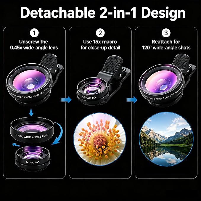 Phone Camera Lens Kit, 0.45X Super Wide Angle Lens + 15X Macro Lens 2 in 1 Professional Lens Attachment for Phone 17/16/15/14/13 - Image 4