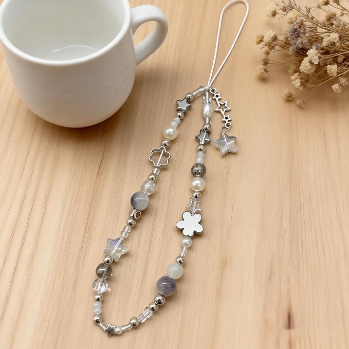 2 Pcs Phone Charm Strap Hand for iPhone Wrist Strap Camera Lanyard Pearl Beaded Cute Chain String Accessories Universal for iPhone 17 Pro Max 16 15 Samsung Women Girls Keychain Silver and Black Star - Image 6