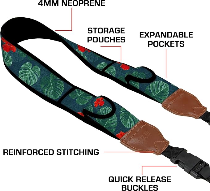 USA Gear TrueSHOT Camera Strap Neoprene Camera Straps - Padded Neck Strap, Pockets, and Quick Release Buckles - Compatible with Canon, Nikon, Sony and More DSLR and Mirrorless Cameras (Tropical) - Image 4